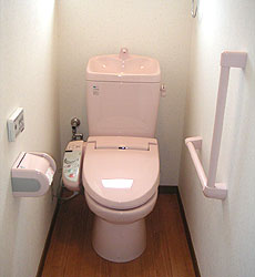 施工後　手すり付の清潔感あるウォシュレット付洋式トイレ